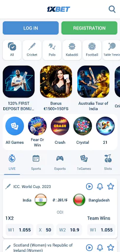 1xBet app home screen 